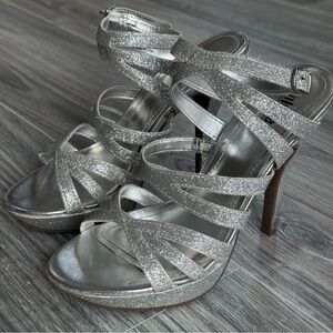 Kenneth Cole Collection Silver Glitter Strappy Heels | Size 6 | Evening / Formal